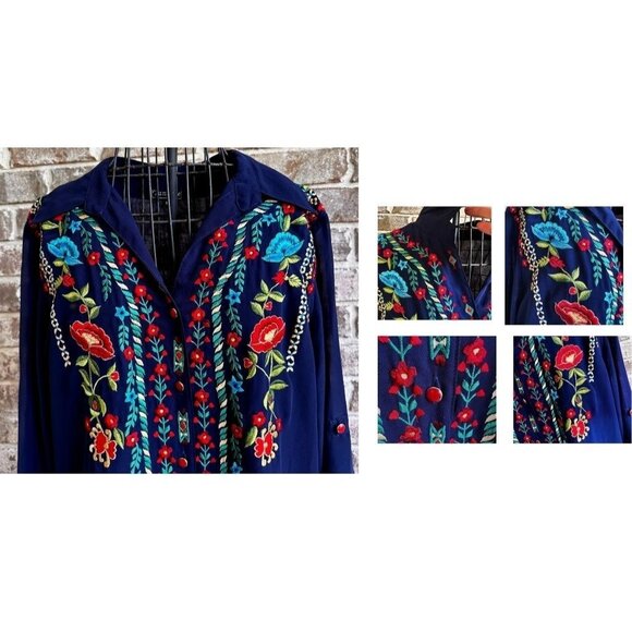 VTG Tunique Tunic Top Medium Floral Embroidery Roll Tab Sleeve Front But… - Picture 4 of 12